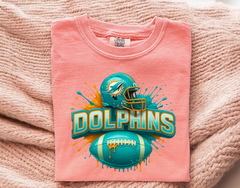 Transferencia DTF de fútbol con casco verde azulado, balón Splash Dolphin Team Spirit, listo para prensar, impresión adorable del día del partido en Miami para prensa de calor deportiva. imagen 4