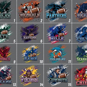May include: A set of 16 sports-themed designs, each showcasing a team logo and mascot alongside a football. The graphics include team names and are set against a grey backdrop with colourful, stylised accents.