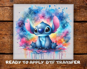 Cute Baby Stitch Watercolor DTF Transfer, Tropical Splash Blue Alien Cartoon Shirts Design Ready To Press,  Funny Design for Kids Heat Press