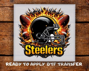 Steeler Football Helmet DTF Transfer, Flames Black Helmet Splash Dripping Football Bold Text Team Ready To Press, Game Day Shirts Heat Press