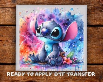 Cute Baby Stitch Watercolor DTF Transfer, Tropical Splash Cartoon Blue Alien Shirts Ready To Press, Funny  Design for Kids Heat Press