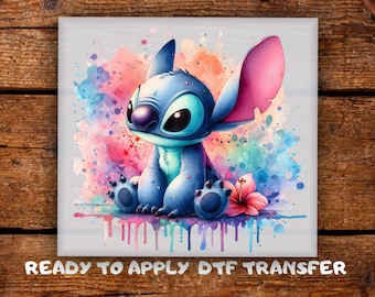 Innocent Stitch Watercolor DTF Transfer, Tropical Splash Cartoon Blue Alien Shirts Ready To Press, Funny  Design for Kids Heat Press