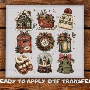 Vintage Christmas Collection DTF Transfer,  Bowed Mail Box, Gingerbread House, Sleigh with Gifts Ready to Press,  Xmas Globe Heat Transfer