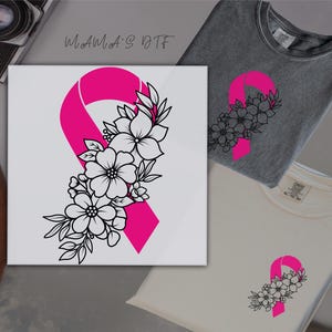 Floral Breast Cancer DTF Pink Ribbon Ready To Press Sunflower Cancer DTF Transfer Ready For Press Breast Cancer Family Support Heat Transfer
