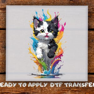 May include: A digital art print featuring a black and white kitten with green eyes, surrounded by colorful paint splashes. The text "READY TO APPLY DTF TRANSFER" is at the bottom of the image.