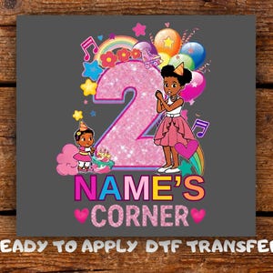 May include: A DTF transfer design on a dark grey background featuring a large glittery pink number two, two cartoon characters in party hats, colourful balloons, stars, music notes, and rainbows. The text reads NAME'S CORNER in bright colours.