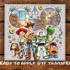 May include: A square DTF transfer featuring cartoon characters including a cowboy, a cowgirl, a space ranger, a green dinosaur, a potato-shaped figure, and a dachshund toy. Above them are two circular scenes of a room and a toy store with a claw machine.