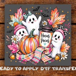 Hand Drawn Hocus Pocus DTF Transfer, Three Ghosts with Coffee Cup, Colorful Pumpkin Ready to Press,  Halloween Fall  Heat Transfer