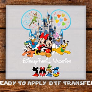 May include: A grey square featuring a Disney Family Vacation design. The design includes Mickey and Minnie Mouse, Donald Duck, Goofy, Daisy Duck, and Pluto in front of a castle. The text "Disney Family Vacation 2026" is also included.