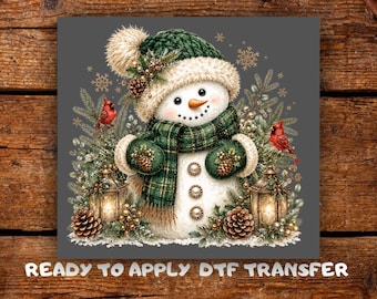 Christmas Snowman Lantern DTF Transfer, Adorable Snowman in Green Plaid Hat Ready to Press,  Holiday Season Heat Transfer