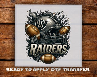Raider Football Helmet DTF Transfer, LET’S GO Shield, Silver Helmet, Flames, Bold Text Team Ready To Press, Game Day Shirts Heat Press
