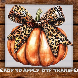 May include: An orange pumpkin illustration with a green stem and a leopard print bow. The text "READY TO APPLY DTF TRANSFER" is at the bottom. The pumpkin is on a light gray background.
