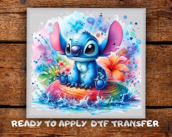 Floating Stitch Watercolor DTF Transfer, Tropical Splash Cartoon Blue Alien Shirts Ready To Press, Funny  Design for Kids Heat Press