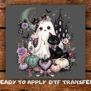 May include: A graphic design featuring a white ghost holding a drink, a black cat, a crescent moon, a dark castle, pumpkins, and purple roses. The text at the bottom reads READY TO APPLY DTF TRANSFER. The illustration uses a colour palette of purple, teal, black, and white.
