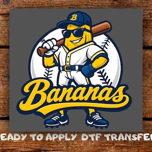 May include: A graphic design featuring a yellow banana character wearing a blue baseball cap with a letter B, sunglasses, and a white baseball uniform. The character holds a brown baseball bat in front of a white baseball. The text Bananas is below.