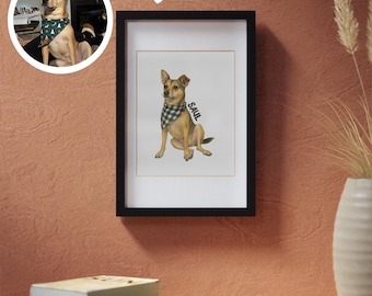 May include: A framed illustration of a brown and white dog wearing a black and white bandana. The dog is sitting and looking to the right. The name "Saul" is written below the dog.
