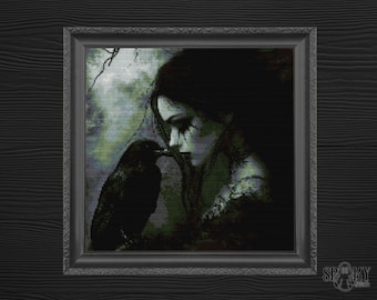 Gothic Cross Stitch Pattern | Woman with Raven | Medieval Witch Aesthetic | Dark Fantasy PDF Chart | Victorian Gothic Needlework