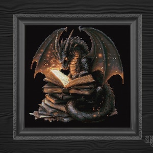 Dragon on Books Cross Stitch Pattern | Gothic Fantasy Dragon PDF | Dark Academia Embroidery | Spooky Stitch | Instant Download