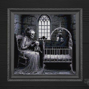Gothic Kreuzstichmuster | Skelett Mutter mit Baby | Dark Kinderzimmer-Stickerei-PDF | Gruseliger Makaber-Stich | Sofort Download