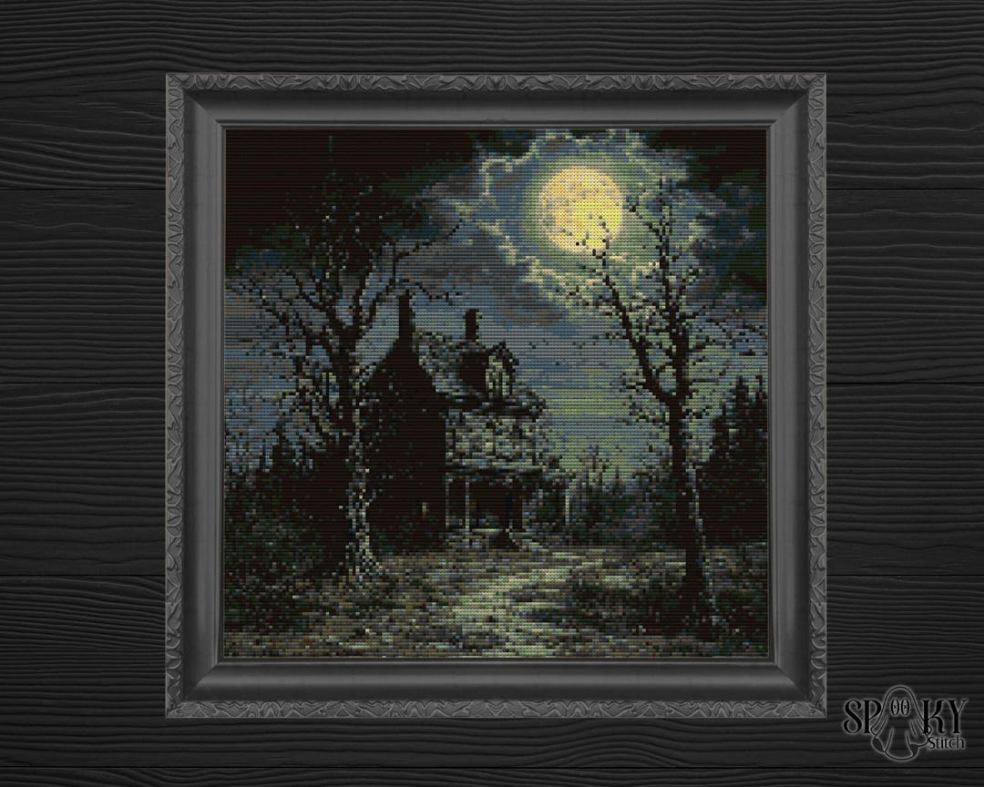 Gothic Cross Stitch Pattern | Haunted House Under Full Moon | Halloween ...