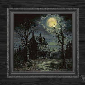 Gothic Cross Stitch Pattern | Haunted House Under Full Moon | Halloween PDF Chart | Dark Cottagecore Embroidery | Spooky Autumn Stitch