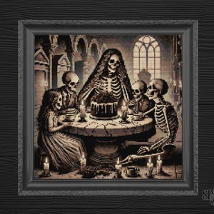 Gothic Kreuzstichmuster | Skelett-Familien-Geburtstags-Party | Haunted Dinner Stickdatei PDF | Makaber Stitch Art | Sofort Download