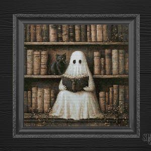 Gothic Cross Stitch Pattern | Ghost Reading with Black Cat | Halloween PDF | Dark Cottagecore Stitch | Witchy Cozy Embroidery Design