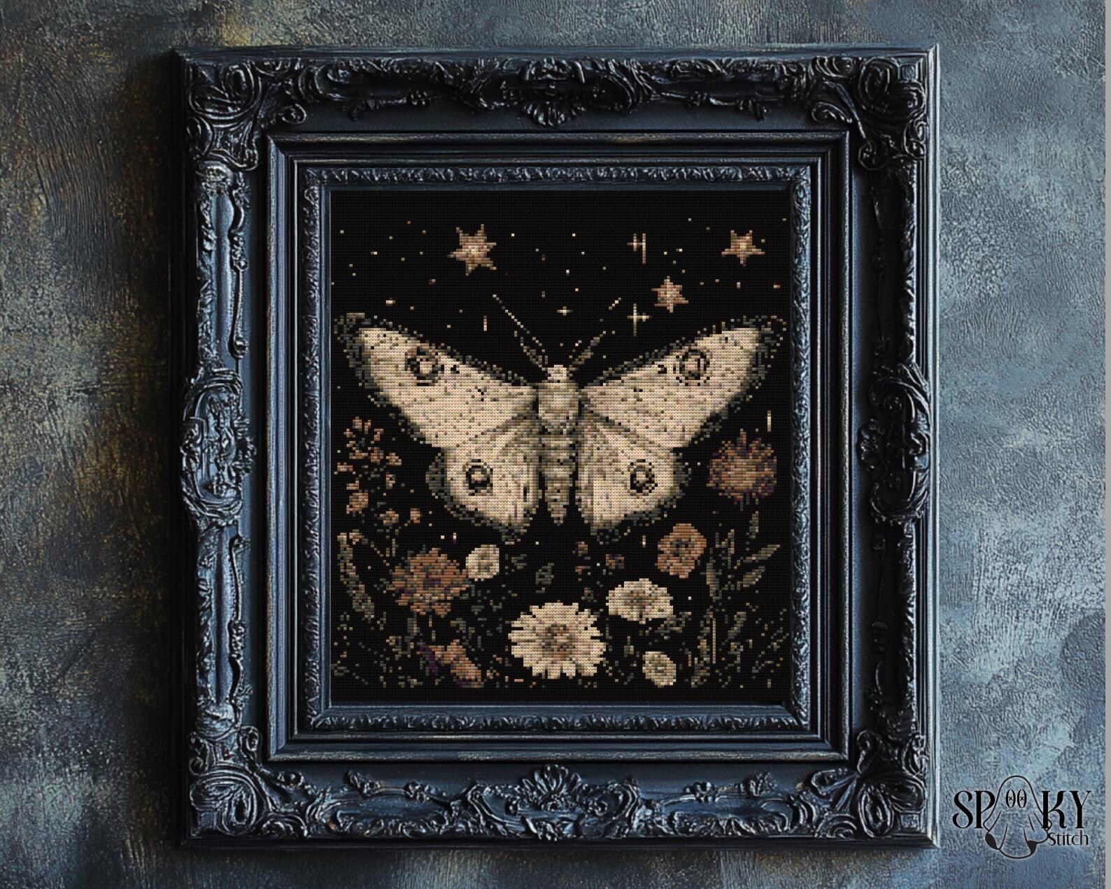 Gothic Moth Cross Stitch Pattern | Celestial Floral Embroidery PDF ...