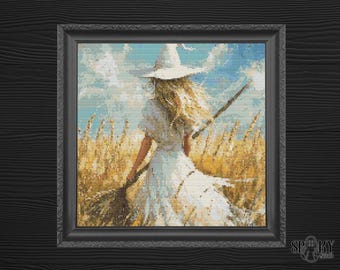 Patrón de punto de cruz de bruja gótica en un campo de trigo / Bordado de bruja pastel estilo cottagecore / PDF digital / Arte gótico moderno en punto de cruz