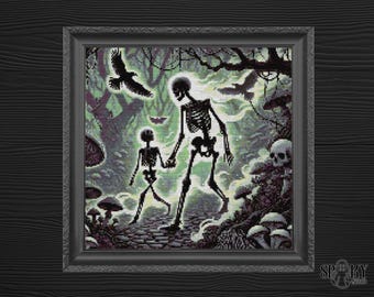 Gothic Cross Stitch Pattern | Skeletons in Haunted Forest | Spooky Walk Embroidery PDF | Skull Mushroom Art | Instant Download
