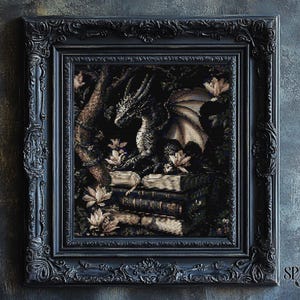 Gothic Dragon Cross Stitch Pattern | Dark Fantasy Dragon on Books Embroidery PDF | Medieval Mythical Creature Stitch | Instant Download