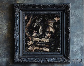 Gothic Dragon Cross Stitch Pattern | Dark Fantasy Dragon on Books Embroidery PDF | Medieval Mythical Creature Stitch | Instant Download