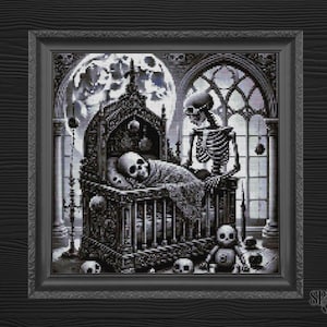 Gothic Kreuzstichmuster | Skelett Baby & Wiege im Mondlicht | Verwunschenes Kinderzimmer PDF | Gruselige Stickerei | Sofort Download