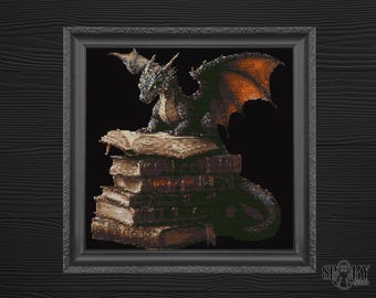 May include: A black dragon with orange wings sits on a stack of old books. The dragon is looking to the left of the image.
