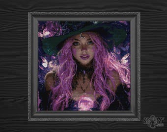 Gothic Witch Cross Stitch Pattern | Purple Hair Sorceress PDF | Crystal Ball Embroidery | Witchcore Decor | Spooky Stitch Design