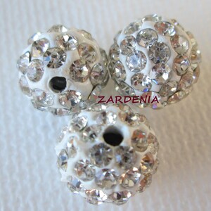 White Shamballa Beads, Polymer Clay Beads, 3pcs Shambala Beads in 10mm Round, Diy Beads and Jewelry Supplies, Zardenia