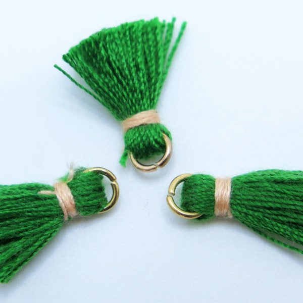 Green Tassels, Small Cotton Tassels, Gold Toned Jump Ring, Green and Pale Peach Tassels, 3 pcs, 15mm Tassels, MTSL4, Zardenia