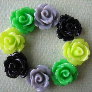 Mini Roses, 8pcs Mini Rose Flower Cabochons, 10mm Resin Mini Roses, Green, Grass Green, Gray and Black Roses, Rose Cabochons, DIY Flowers