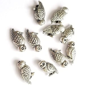 Owl Beads, Metal Owls, Metal Owl Beads, Owls, Bird Beads, Antique Silver Owls, Zardenia, C121, 10 pieces, 15x6mm