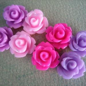 Mini Roses, Pink Mini Rose Cabs, Mini Rose Flower Cabochons, 10mm Resin Flowers, 8 pieces,  Mixed Pinks and Purples, ZARDENIA