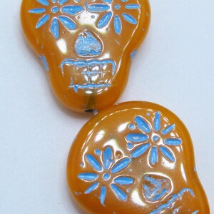 Czech Beads, Sugar Skull Beads, Orange and Blue Skulls, 2 pieces, SSB3, 20X17mm, Jewelry Supplies, Zardenia