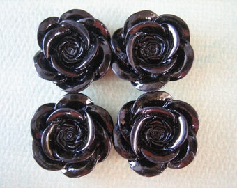 Black Resin Roses, Resin Flower Cabochon, 4pcs 18mm Glossy Roses, Diy Flowers, Jewelry Supplies, Zardenia