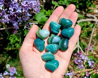 Green Banded Agate Heart Stones, Worry Pocket Stones, Heart Worry Stones, Green Agate Heart