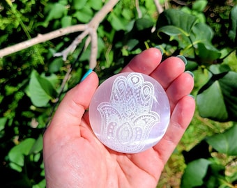 Selenite Hand of Hamsa Palm Stone, Selenite Palm Stone, Hand of Hamsa Etched Selenite Stone