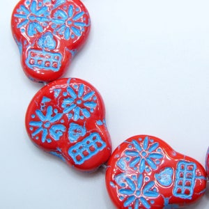 Red Skull Beads, Czech Beads, Sugar Skull Beads, Red and Blue Skull Beads, 2 pieces, SSB15, 20X17mm Skulls, Diy Jewelry Supplies, Zardenia