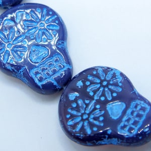 Czech Beads, Sugar Skull Beads, Purple and Blue Skulls, 2 pieces, SSB1, 20X17mm, Jewelry Supplies, Zardenia