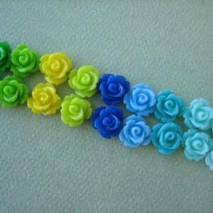 Mini Roses, 10mm Mini Roses, 18pcs Mini Rose Flower Cabochons, Resin Flowers, Rainbow Blues, Greens and Yellow, Diy Jewelry Supplies