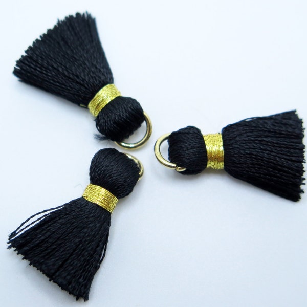 Black Tassels, Black and Gold Tassels, 3 pieces, 20mm Tassel, TSL20MM1, Jewelry Supplies, Craft Supplies, Zardenia