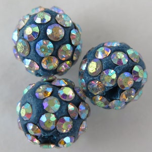 Blue Polymer Clay Beads, 10mm Round Beads, 3pcs Iridescent on Blue Crystal Shamballa Beads, B11, Diy Beads and Jewelry Supplies, Zardenia