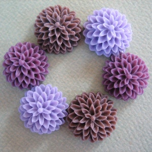 Flower Cabs, Mixed Color Sampler Pack, Violet, Lilac and Brown Cabs, Chrysanthemum Cabochons, 15mm Cabochons, Brown Flowers, 6 pieces